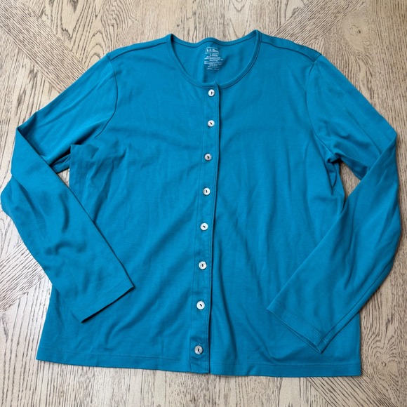 L.L. Bean Women's Size Large Teal Blue Supima Cotton Button Front Cardigan - Picture 2 of 7